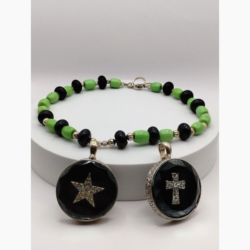 Vintage Glass Beaded Necklace and 2 Pendants with Images of Star and Cross